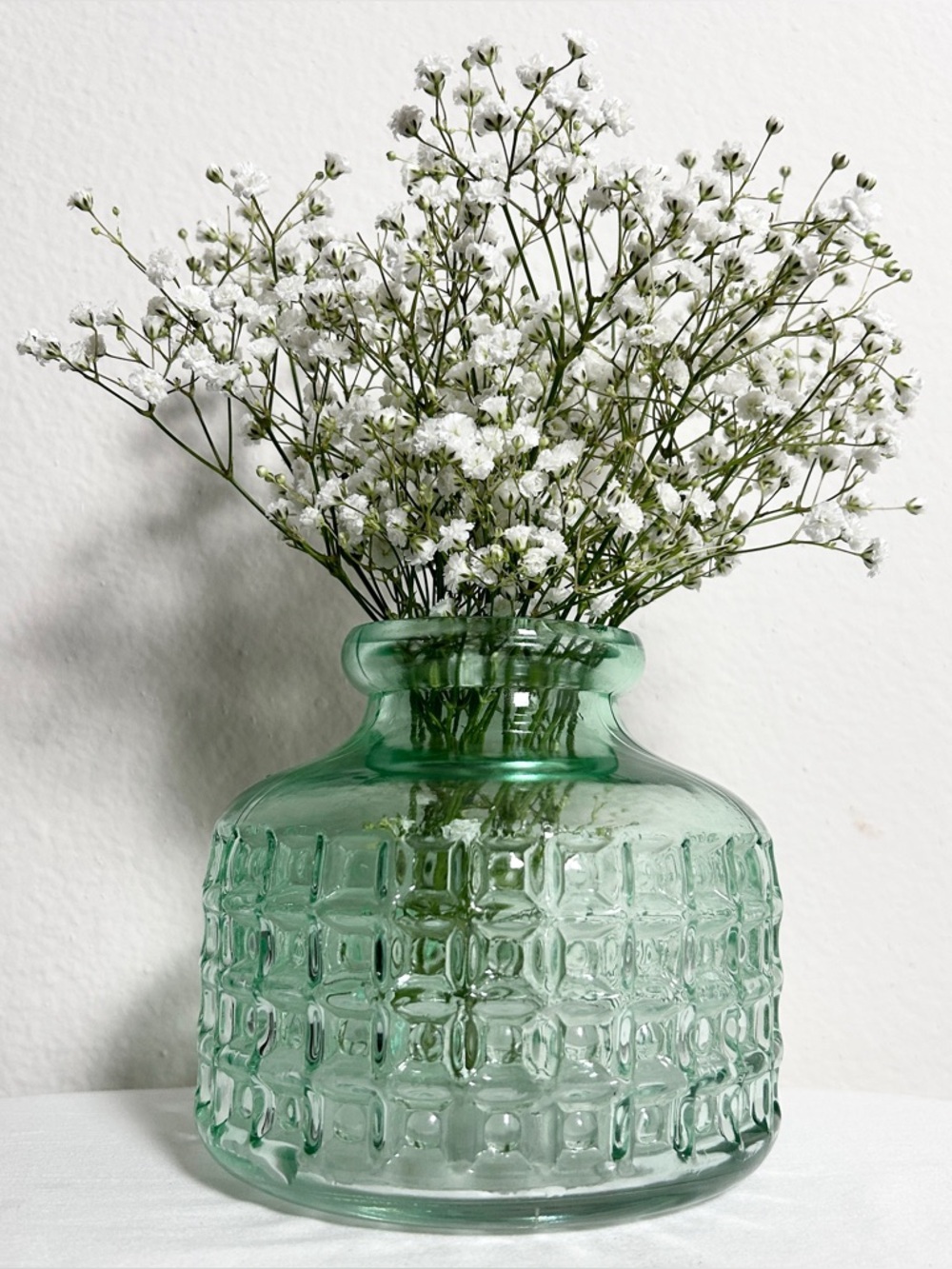 VTG Seafoam Green Geometric Textured Glass Short Vase - Farmhouse Home Accents